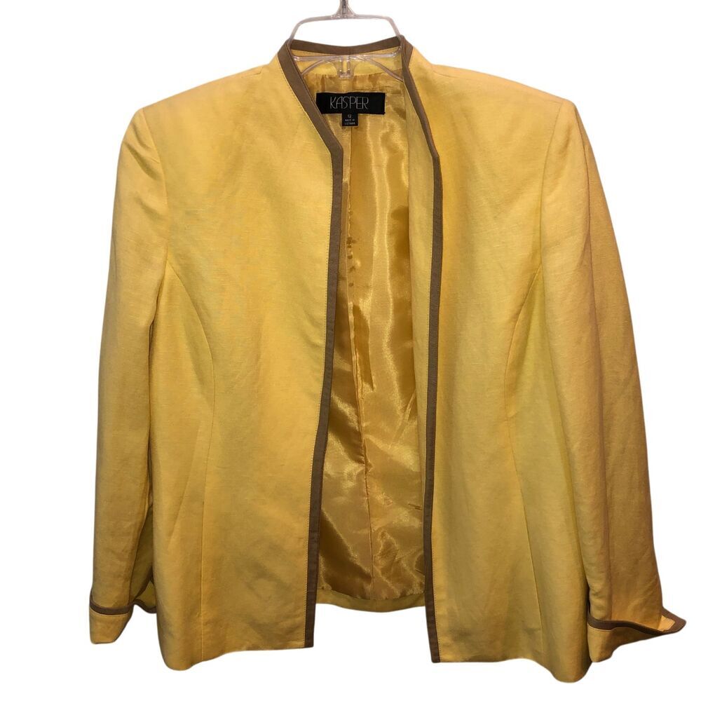 Kasper Womens Size 12 Yellow Linen Blend Open Front Lined Blazer Jacket Coat